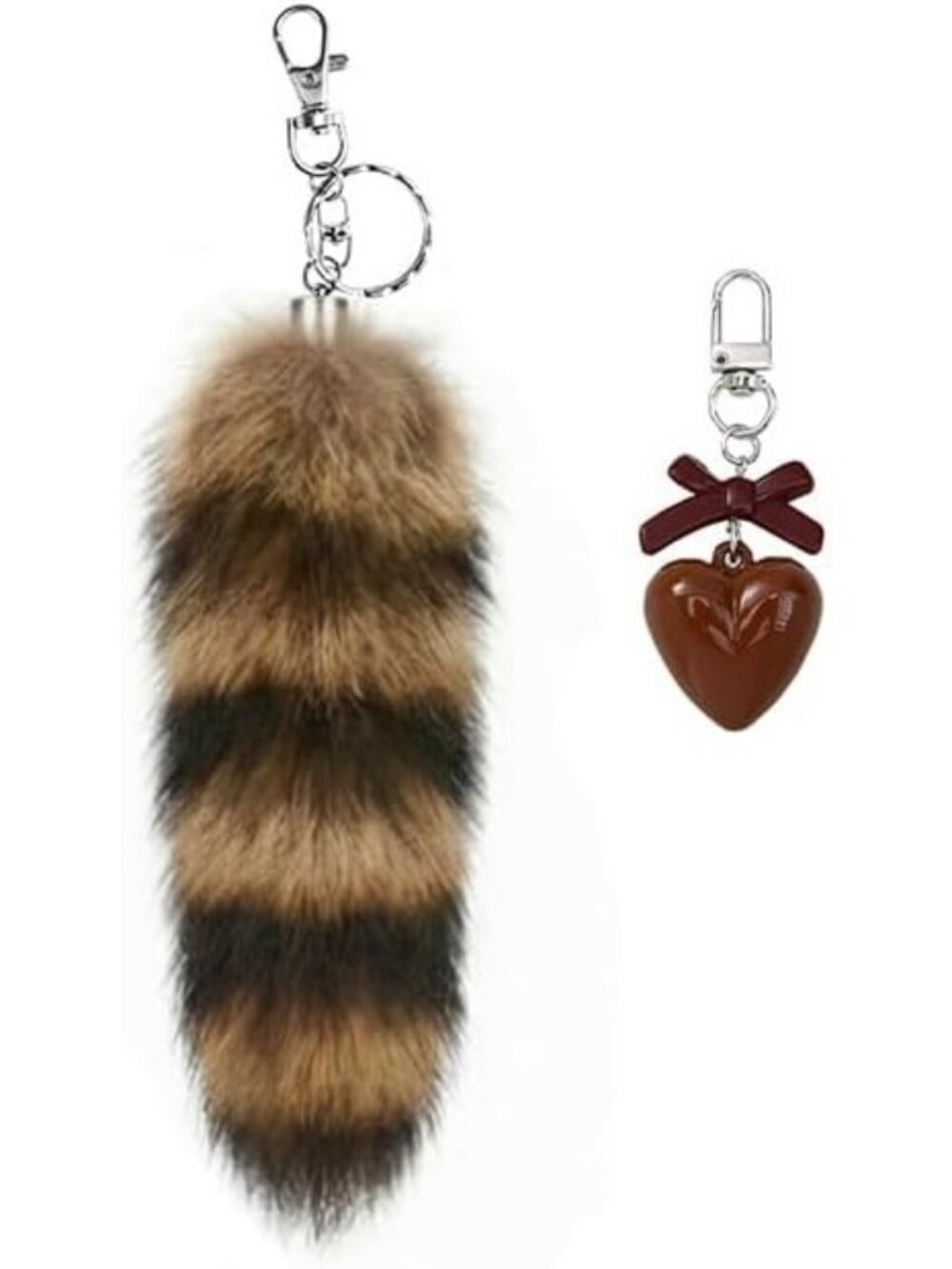 Brown Raccoon Tail Keychain Pendant Fur Tail Keyring with Heart Cute Bag Access